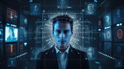 Surveillance and safety concept. Facial recognition in security using AI