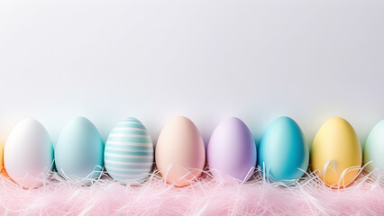 Fototapeta premium Delicate pastel-colored Easter eggs border on spring holiday background, banner