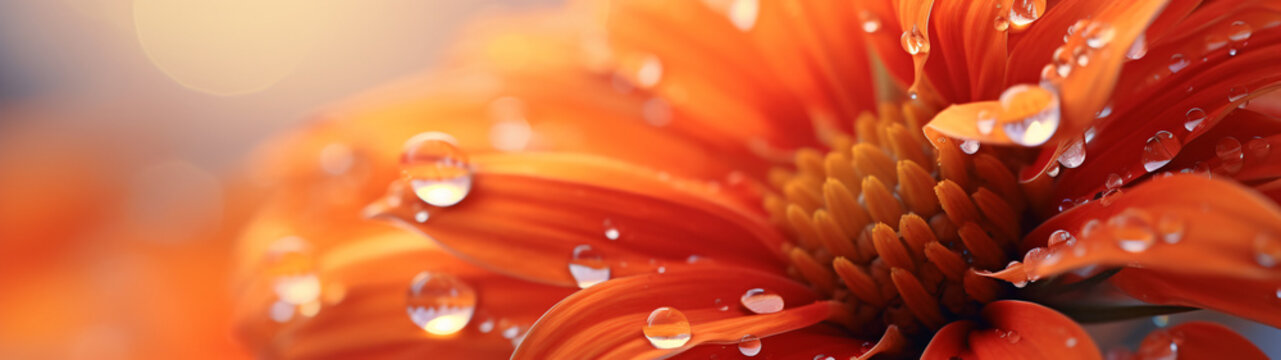 panorama Close up detail of orange gerbera flower with morning dew drops