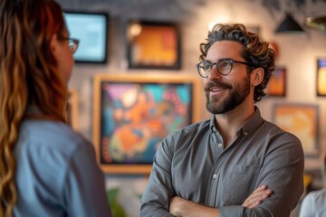 Casual Business Conversation in Artistic Setting.
Smiling young businessman engaging in a conversation with a colleague in an art-filled cafe.