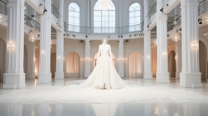 Elegant Wedding Dress in Grand Venue - obrazy, fototapety, plakaty