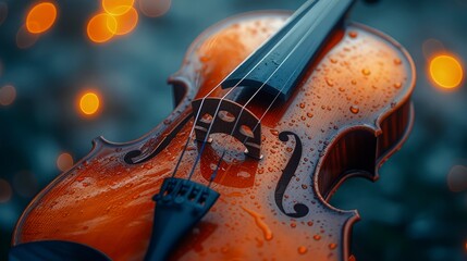 Close-up violin with raindrops. Spirit of National Music Day.