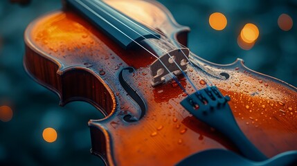 Fototapeta premium Close-up violin with raindrops. Spirit of National Music Day.