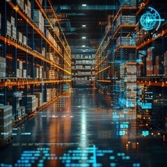 Digital Interface in Modern Warehouse.
Inside a warehouse with digital data overlay, symbolising logistics and smart inventory management.
