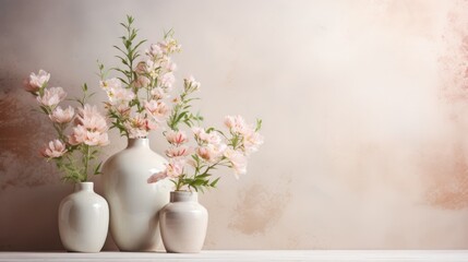 Fototapeta na wymiar Soft home decor for interior. Light background with flower vases