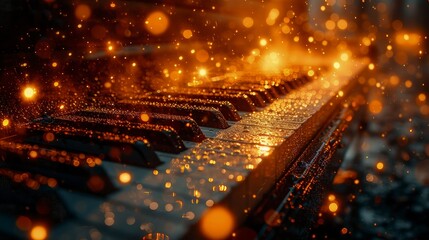 Magnificent Grand Piano close-up with golden light particles. Spirit of National Music Day.