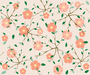 A delicate seamless pattern with flowering branches on a light colored background. Vector illustration for wallpaper, fabric, postcard design in vintage style