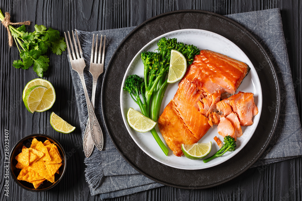 Canvas Prints hot smoked salmon with cooked broccoli and lime