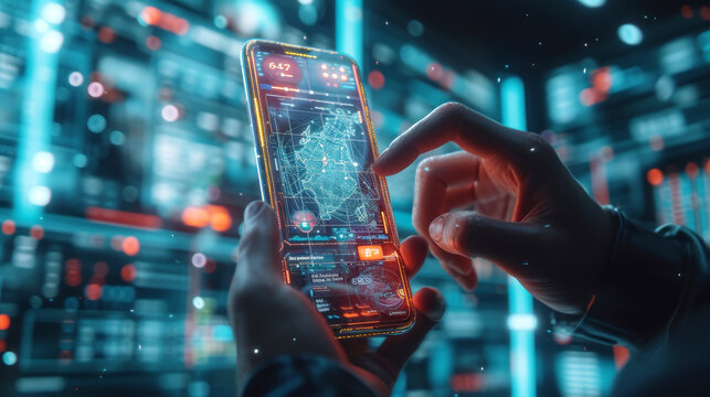 Accessing Digital Information On Mobile.
Close-up Of Hands Using A Smartphone With Digital Data Graphics, Representing Access To Information.