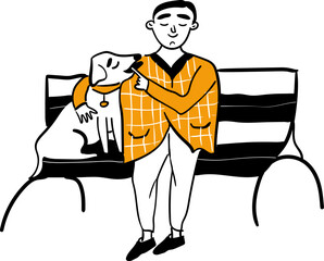 Man hugging his dog sitting on a bench.Concept of mental health and dog therapy.Vector illustration in doodle style isolated.