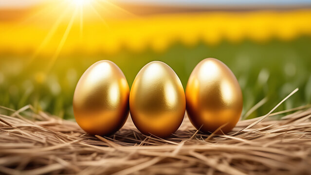 Easter eggs of golden color in sunlight, sun light, spring holiday, grass