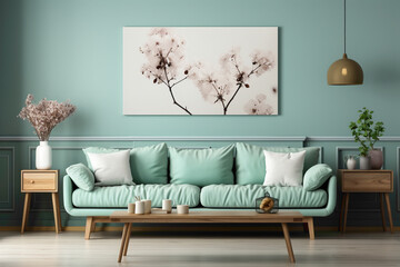 Experience the freshness of a living room adorned with a soft color mint sofa and a suitable table, framed against an empty backdrop for your personalized text.