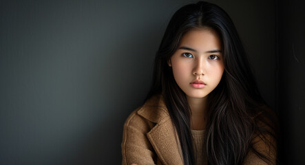 Naklejka premium Multiracial Woman With Long Black Hair Wearing a Coat
