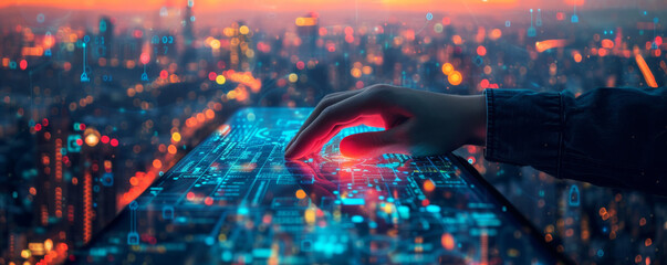 Hand Interacting with Digital City Network.
A hand interacts with a glowing digital network overlaying a cityscape at dusk.