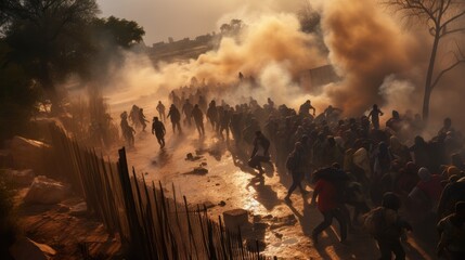 Migrants crossing the border on foot