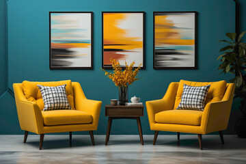 Create a vibrant atmosphere with blue and yellow chairs framing a blank empty frame. Envision the simplicity of this setting, providing a versatile canvas for your creative expressions.