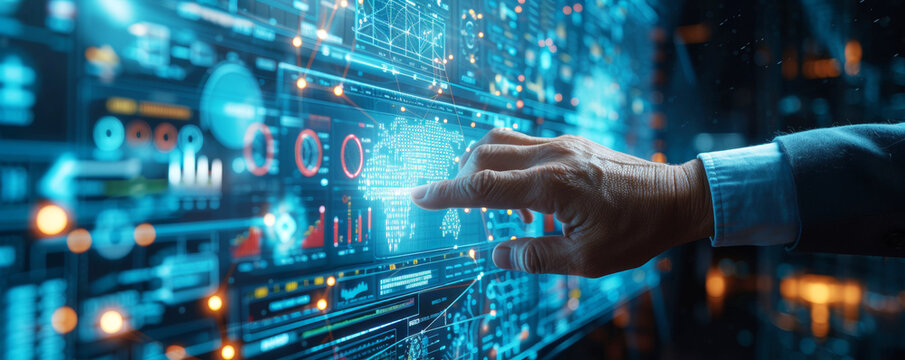 Hand Engaging with Digital Interface Controls.
A hand engaging with futuristic digital interface controls and data streams.