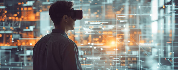 Man Experiencing Virtual Reality Interface.
A person wearing virtual reality glasses interacting with a digital interface in a technological environment.