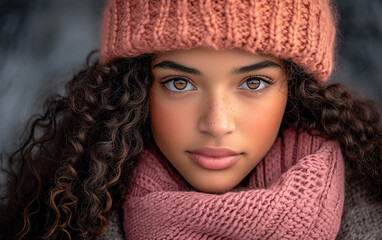 Woman Wearing Pink Hat and Scarf