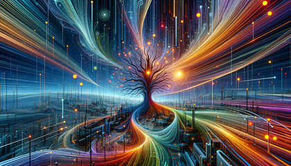Fototapeta na wymiar Futuristic Regression Trees: Whimsical and Vibrant Pop Futurism Illustration