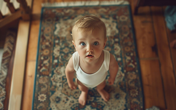 Baby Sitting on Rug, Looking Up at Camera