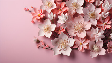 Pink background with Japanese style flowers on the right side. There is space for a text.