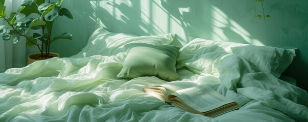 Tranquil Green Bedroom with Sunshine and Book.