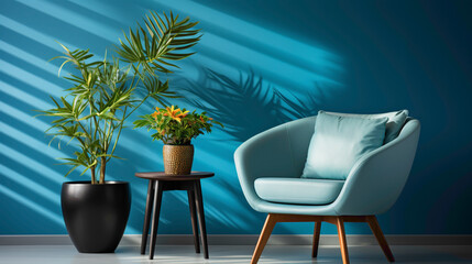 A cozy corner with a chair, a table, and a charming plant, set against a vibrant blue backdrop, creating a harmonious composition captured in high definition.