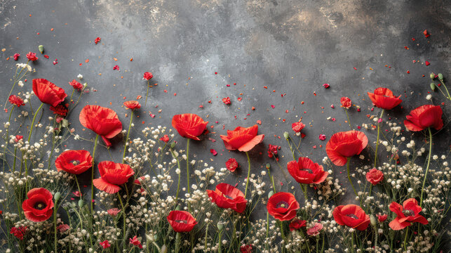 Spring concept. red poppies on a black stone background. Free space for text.