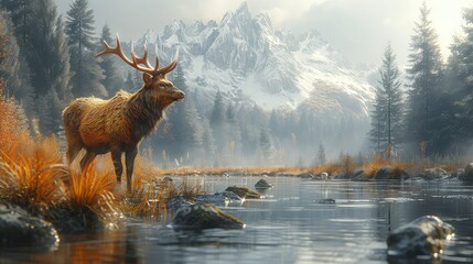 Reindeer on the river bank. World Wildlife Day