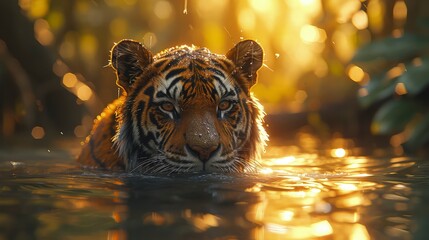 Sumatran tiger lurking in the river. World Wildlife Day