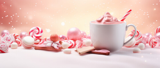 Candy Land with hot chocolate and assorted sweets against a pastel sunset sky