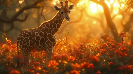 Fototapeta premium Giraffe in flower garden in forest. World Wildlife Day