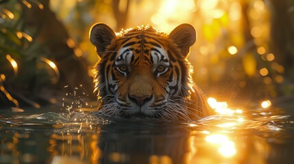Sumatran tiger lurking in the river. World Wildlife Day