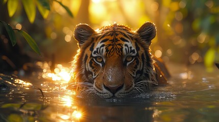 Sumatran tiger lurking in the river. World Wildlife Day
