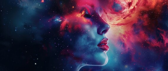 Woman's Face in a Stellar Space, space filled with countless shining stars, meditation concept