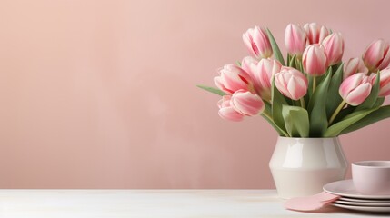 Spring Tulips and Tableware on Wooden Surface