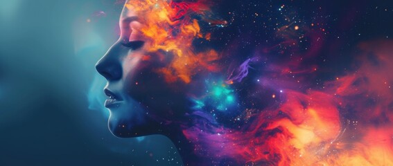 Woman's Face With Colorful Smoke, combining stunning colors and cosmic elements