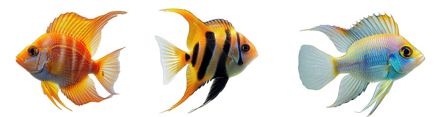 Fototapeta premium Collection of aquarium fish, freshwater fish on transparent background generative ai