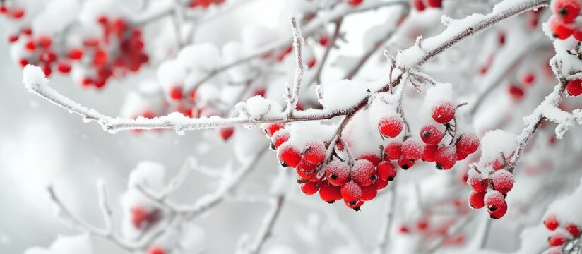 Bright Red Berries Covered in Fluffy White Snow: A stunning image capturing the beauty of bright red berries covered in a blanket of fluffy white snow.
