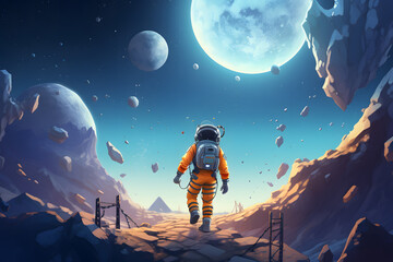 Cartoon illustrated astronaut on a different planet, astronaut traveling space, space exploration