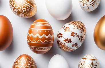 Gold and white designs of Easter eggs, holiday ornaments