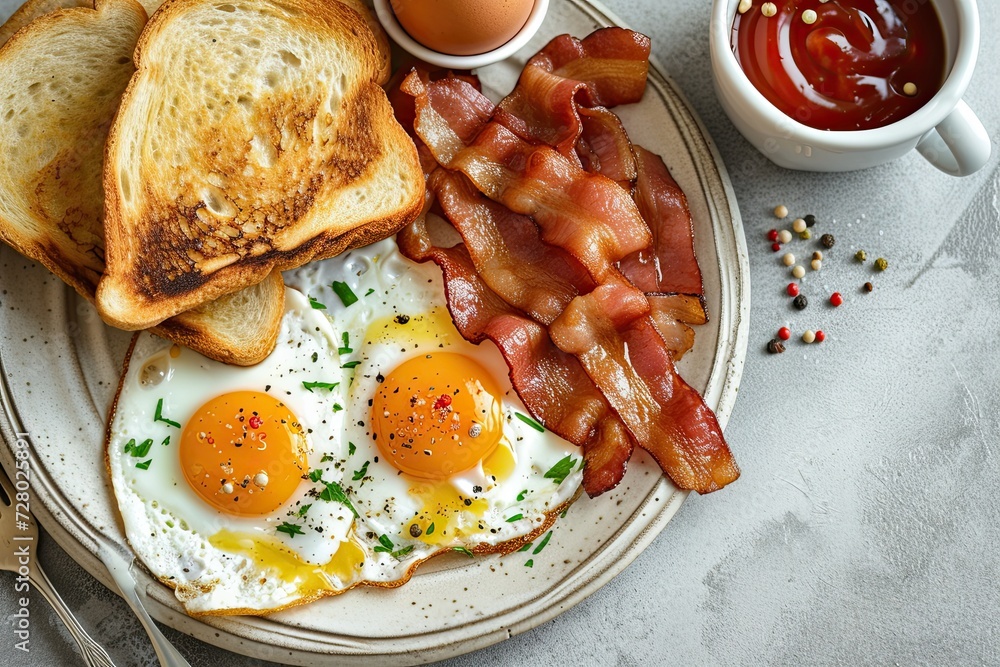 Wall mural a high angle shot of a delicious breakfast spread featuring sunny-side-up eggs, crispy bacon, and to