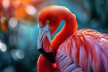 Close Up of Flamingo With Blurry Background - obrazy, fototapety, plakaty