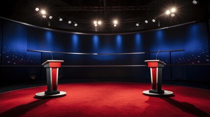 Political talk show studio. Pre-election debate stands in TV studio