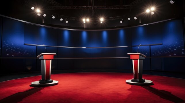 Political talk show studio. Pre-election debate stands in TV studio