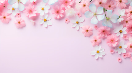 Soft pink flowers on a light background. Spring background, flowers, top view with copy space. Natural background