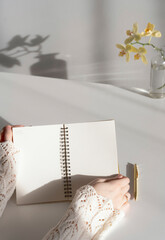Woman hands holding notebook, journaling and writing, aesthetic light