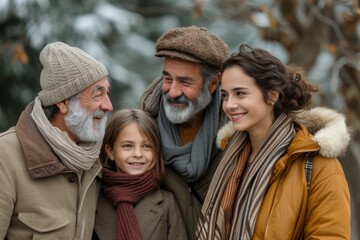 Fototapeta premium Portrait of a multigenerational family, with a mother, grandfather, father, and young daughter sharing a tender moment, wrapped in warm clothes against a soft autumn backdrop