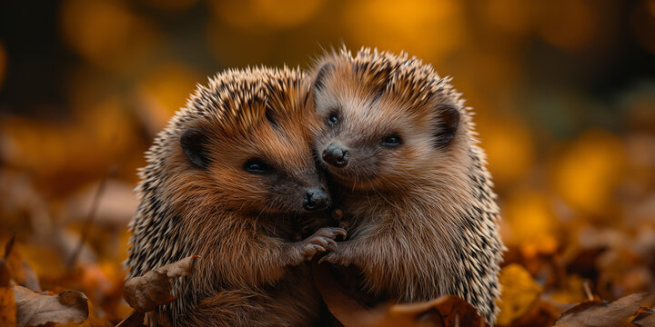 Zwei s&uuml;&szlig;e Igel in der Wiese umarmen sich f&uuml;r Tier Kalender als Druckvorlage